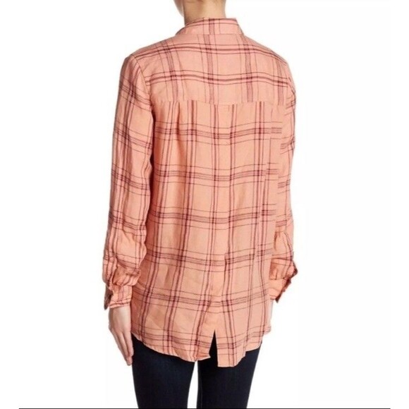 Free People‎ Shirt Womens M Peach 100% Linen Plaid Button Down Coastal Beach - Picture 2 of 7